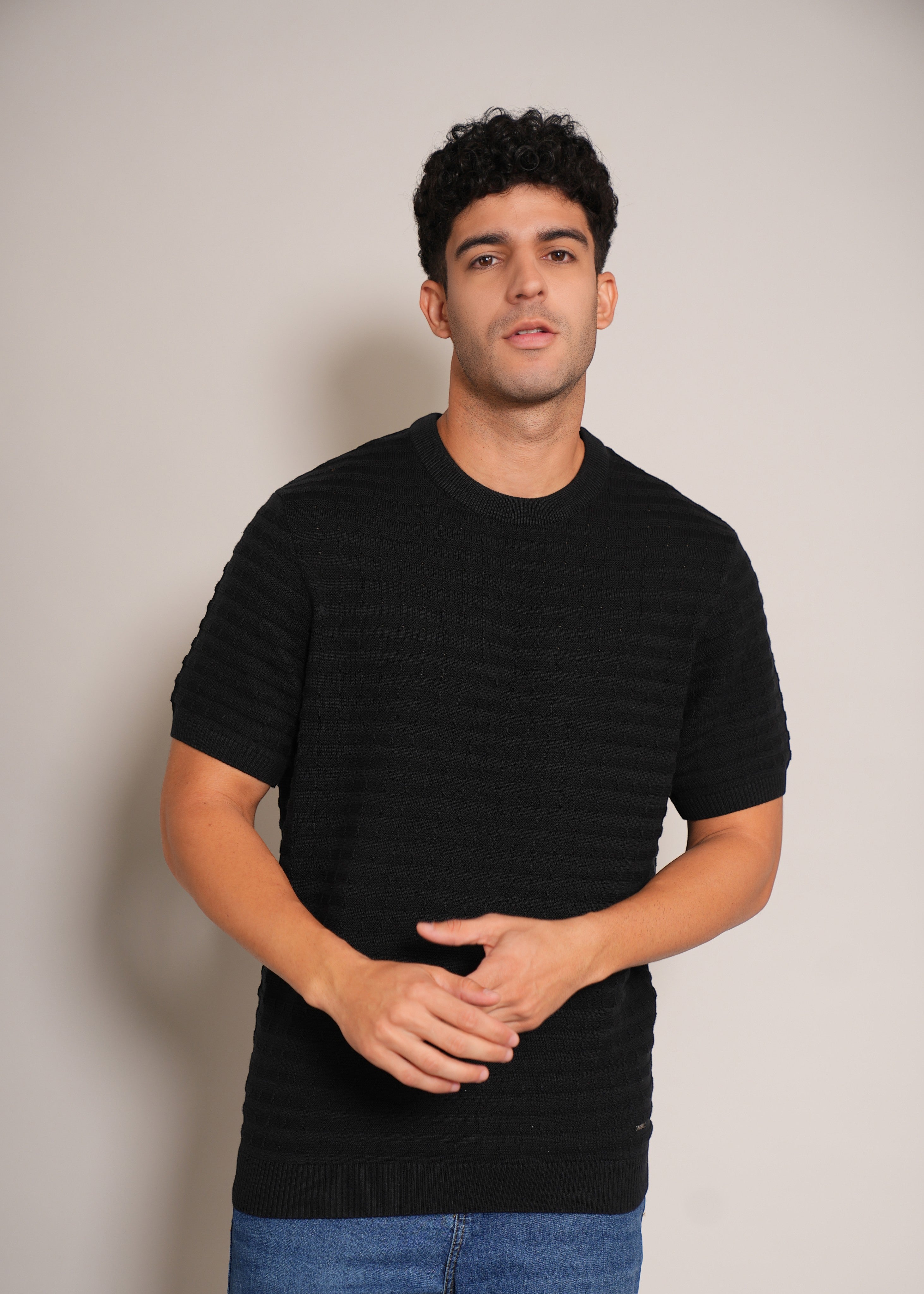 Mens Flatknit Textured Round Neck Tee